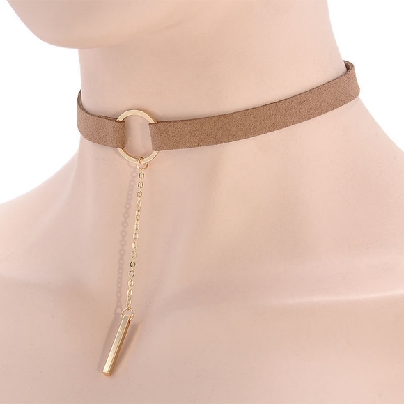 Gold Bar Light Leather Choker Necklace - Picture 2 of 6